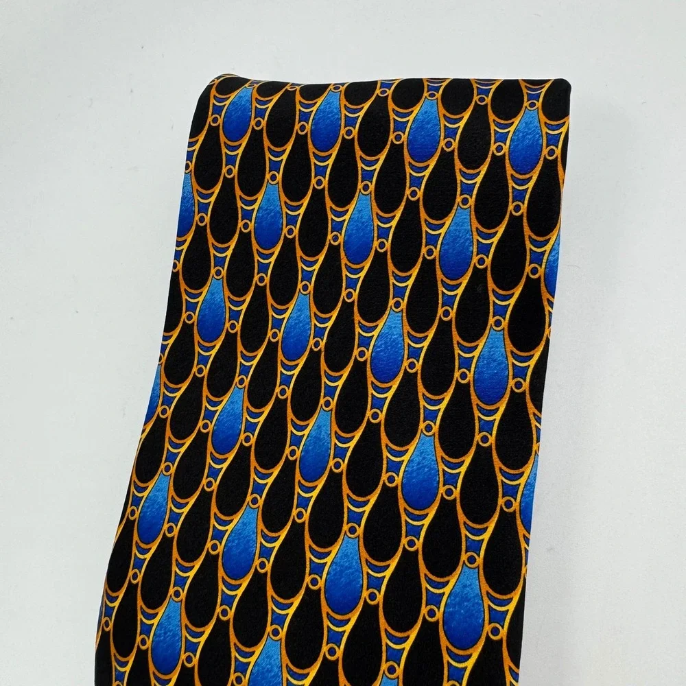 Pavone Mens Silk Tie Italy Luxury Blue‎ Gold Black Pattern Necktie Vintage